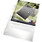 Transparent document sleeve with inserted promotional material. There is a product image, text and the "prestige" logo.
