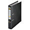 Black file folder with a white label and silver metal parts. The folder is slightly open.