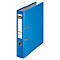 Blue binder, open. Front label with white field, text and logo. Gray cardboard on the inside.