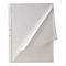 Transparent sheet protector with a punched edge, partially open.