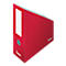 Roter Aktenordner mit weißem Beschriftungsfeld und grauem Knopf, Ecke angeschnitten.