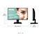Moniteur noir photographié de face et de côté. Les dimensions sont indiquées. L'écran affiche un visage.