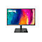 BenQ Monitor mit buntem, abstraktem Display-Hintergrundbild und Bedienrad auf dem flachen Standfuß.