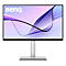 Un moniteur BenQ avec un pied argenté, l'écran affiche un motif abstrait en violet et blanc. Le nom de la marque est en haut à gauche.