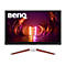 BenQ Gaming-Monitor mit dünnem Rahmen, weißem Standfuß und farbenfrohem, abstraktem Weltraum-Hintergrundbild.