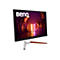 BenQ Gaming-Monitor mit futuristischem, leuchtendem Bildschirmhintergrund auf einem weiß-orangen Standfuß.