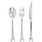 Besteckset mit silbernen Löffel, Gabel und Messer, deren Griffe in Schraubenschlüsselform enden.