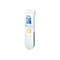 Beurer Infrarot-Fieberthermometer in Weiß mit blau beleuchtetem Display und zentralem gelbem Scan-Button.