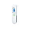 Weißes Beurer Kontaktloses Thermometer mit digitaler Anzeige und grüner Scantaste auf weißem Hintergrund.