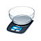 Beurer Küchenwaage in Schwarz mit beleuchtetem blauem Display und transparenter Glasschüssel auf weißem Hintergrund.