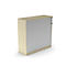 Cabinet with light wooden sides and a gray sliding door against a white background.