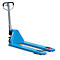 Blue pallet truck against a white background. The handle is grey, the rollers red.