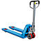 Blue pallet truck with red tires and black handle. Inscription: HanseLifter.