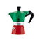 Bialetti La Mokina Espressokocher in den italienischen Farben Grün, Weiß und Rot vor weißem Hintergrund.