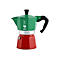 Grün-rote Bialetti Espressokocher mit schwarzem Griff und Logo auf weißem Hintergrund.