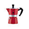 Roter Bialetti Moka Express Espressokocher mit schwarzem Griff und Logo vor weißem Hintergrund.