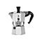 Klassische silberne Bialetti Moka Express Kaffeekanne mit schwarzem Griff und Logo vor weißem Hintergrund.
