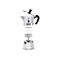 Explosionszeichnung einer silbernen Bialetti Moka Express Espressokocherin mit schwarzem Griff.