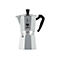 Klassischer, silberner Espressokocher von Bialetti mit schwarzem Griff und dem Markenlogo auf der Vorderseite.