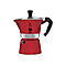 Rote Bialetti Moka Express Espressokocher mit schwarzem Griff vor weißem Hintergrund.