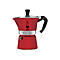 Rote Bialetti Mokka Express Kaffeekocher aus Aluminium vor weißem Hintergrund.