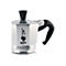 Nahaufnahme einer silbernen Bialetti Elettrika Espressokanne mit schwarzem Griff und dem Markenlogo.