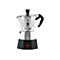 Elektrische Bialetti Elettrika Espressokocher aus silbernem Aluminium auf schwarzem Sockel mit rotem Licht.