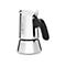 Silberne Bialetti Espressokanne aus Edelstahl mit schwarzem Kunststoffgriff vor weißem Hintergrund.