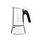 Silberne Bialetti Espressokocher aus Edelstahl mit schwarzem Griff vor weißem Hintergrund.