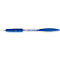 Blue pen, with blue grip and tip. The pen has a white shaft with text. A dolphin is depicted on the blue part.