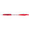 A red ballpoint pen with a transparent shaft and a red grip zone. The pen has a black clip and lettering.