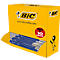 Gele Bic-pennenbox. 90 + 10 gratis in rode cirkel. Blauwe pennen liggen in de opening.