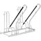 Metal bike rack with multiple parking spaces. Black handles and diagonal bars for support.