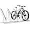 Bicycle stand with a mountain bike. The stand is made of metal, the wheel is gray with black tires.