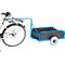 Bicycle with blue trailer. The trailer has a gray frame and a brown loading area.