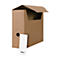 Brown cardboard box with open lid, a hole, and a white label.