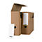 Two brown file boxes with white labels, one with an open lid. Next to it a white label.