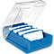 Boîte à cartes bleue avec couvercle transparent ouvert et fiches lignées.