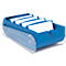 Porte-cartes bleu avec des cartes blanches. Les cartes sont étiquetées et disposées dans le porte-cartes. Le porte-cartes repose sur une base transparente.