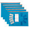 Five blue hanging file folders with metal rails and accessories lie on a white surface.