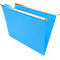 Light blue hanging file folders with silver rails. Horizontal lines on the front. The background is white.