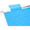 Light blue hanging file folder with metal bracket. Black lines on the paper. The metal holder is tilted with the hook to the left.