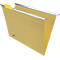 Fichier suspendu brun clair avec onglet jaune et barre métallique pour suspendre.