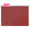 Classeur suspendu rouge avec onglet rose et marquages horizontaux.