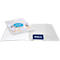 Offene, transparente Dokumentenmappe mit einem Flyer und einer blauen Karte. Flyer mit Text und rundem, blauem Overlay.
