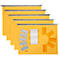 Yellow hanging folders with metal rails and accessories on a yellow background. Includes paper clips, sticky notes, and labels.