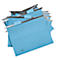 Pile of light blue hanging file folders with metallic rails and small blue labels.