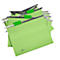 Stack of green hanging files with green tabs and metal rails.