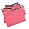 Several pink hanging folders, with metal clips and name tags.