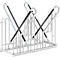 Metal bicycle rack; silver base structure with black crossbars.